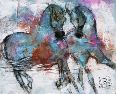 Malerei mit dem Titel ""Blue horses"" von Francis Vincensini, Original-Kunstwerk, Öl Auf Keilrahmen aus Holz montiert