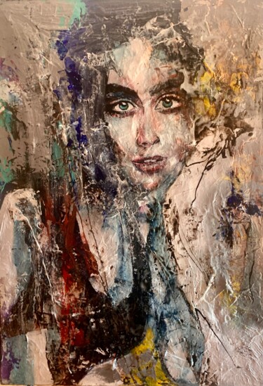 Painting titled "La dame en bleu" by Francis Vincensini, Original Artwork, Acrylic Mounted on Wood Stretcher frame