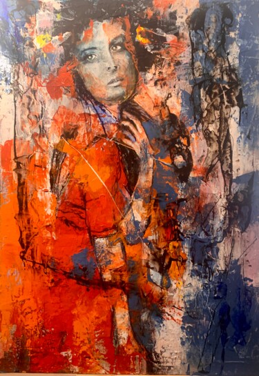Картина под названием "La dame en rouge" - Francis Vincensini, Подлинное произведение искусства, Акрил Установлен на Деревян…