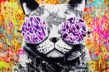 Painting titled "HIPPIE CAT" by Vincent Bardou, Original Artwork, Acrylic Mounted on Wood Stretcher frame