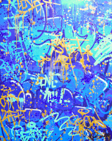 Schilderij getiteld "CITY BLUE" door Vincent Bardou, Origineel Kunstwerk, Graffiti Gemonteerd op Frame voor houten brancard