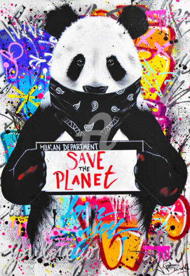 Painting titled "SAVE THE PLANET" by Vincent Bardou, Original Artwork, Spray paint Mounted on Wood Stretcher frame