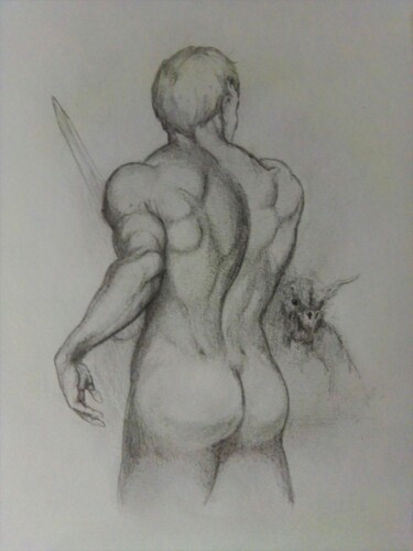 Drawing titled "homme nu menacé" by Vincent Bionaz, Original Artwork, Graphite