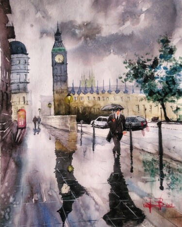 Painting titled "Big Big Ben" by Vincent Bourdin, Original Artwork, Watercolor