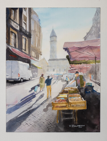 Painting titled "Jour de marché à Pé…" by Vincent Bourdin, Original Artwork, Watercolor