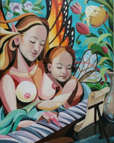 Painting titled "Winged Mother and C…" by Vincent Cases, Original Artwork, Acrylic
