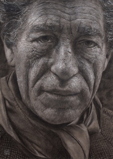 Drawing titled "Alberto Giacometti" by Vincent Haller, Original Artwork, Charcoal Mounted on Cardboard