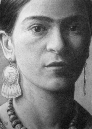 图画 标题为“Frida Kahlo” 由Vincent Haller, 原创艺术品, 木炭 安装在纸板上