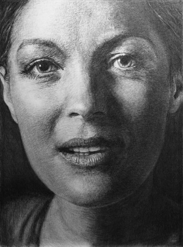 Drawing titled "Romy Shneider" by Vincent Haller, Original Artwork, Charcoal Mounted on Cardboard