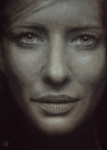 Drawing titled "Cate Blanchett" by Vincent Haller, Original Artwork, Charcoal Mounted on Cardboard