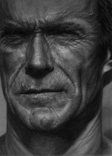 Drawing titled "Clint Eastwood" by Vincent Haller, Original Artwork, Charcoal Mounted on Cardboard