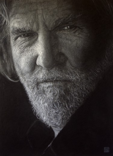 Drawing titled "Jeff Bridges" by Vincent Haller, Original Artwork, Charcoal Mounted on Cardboard