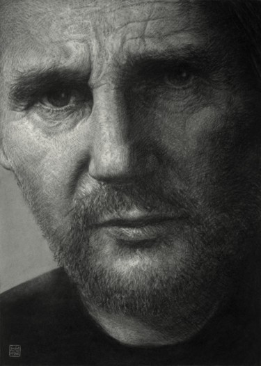 Tekening getiteld "Liam Neeson" door Vincent Haller, Origineel Kunstwerk, Houtskool Gemonteerd op Karton