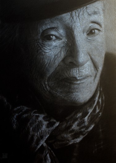 Drawing titled "Marguerite Duras" by Vincent Haller, Original Artwork, Charcoal Mounted on Cardboard