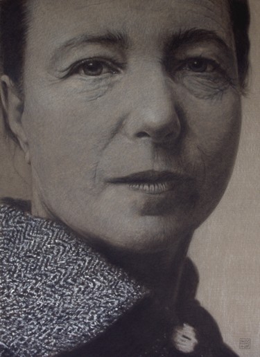 Drawing titled "Simone de Beauvoir" by Vincent Haller, Original Artwork, Charcoal Mounted on Cardboard