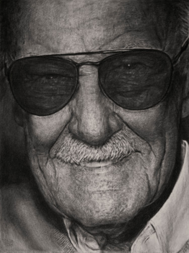 Drawing titled "Stan Lee" by Vincent Haller, Original Artwork, Charcoal Mounted on Cardboard