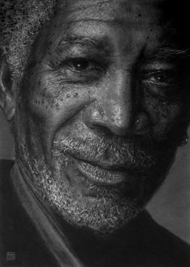 Dessin intitulée "Morgan Freeman" par Vincent Haller, Œuvre d'art originale, Fusain
