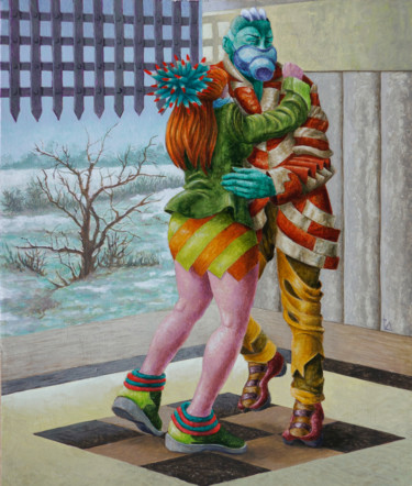Painting titled "Bal masqué" by Vincent Lacroix, Original Artwork, Oil Mounted on Cardboard