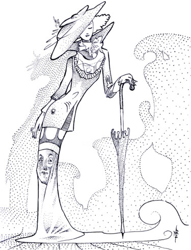 Drawing titled "Femme au parapluie." by Vincent Marit, Original Artwork, Ink