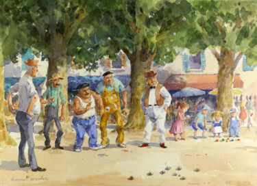 Ζωγραφική με τίτλο "Pétanque 05." από Vincent Monluc, Αυθεντικά έργα τέχνης, Ακουαρέλα