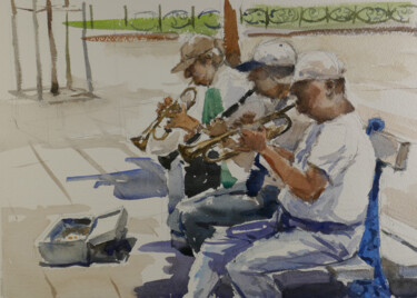 Peinture intitulée "3 musiciens à San S…" par Vincent Monluc, Œuvre d'art originale, Aquarelle