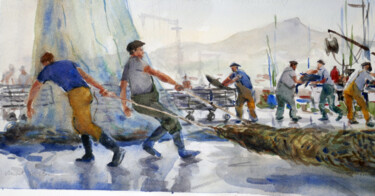 Pintura intitulada "Deux pêcheurs tiran…" por Vincent Monluc, Obras de arte originais, Aquarela