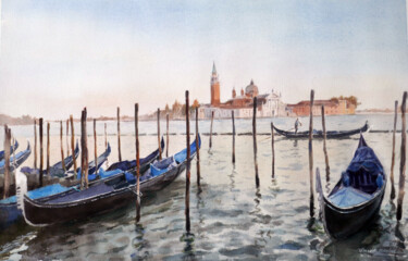 Painting titled "Gondoles a Venise" by Vincent Monluc, Original Artwork, Watercolor