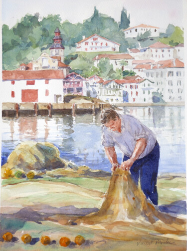 Painting titled "Pêcheur réparant le…" by Vincent Monluc, Original Artwork, Watercolor