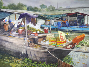 Painting titled "Bateaux sur la rivi…" by Vincent Monluc, Original Artwork, Watercolor