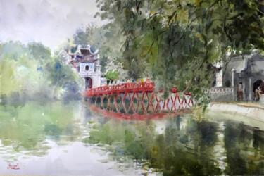 Peinture intitulée "Pont Rouge lac HoGu…" par Vincent Monluc, Œuvre d'art originale, Aquarelle
