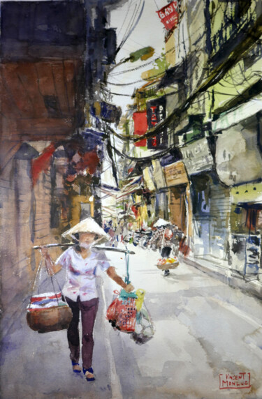 Painting titled "Marchande ambulante…" by Vincent Monluc, Original Artwork, Watercolor