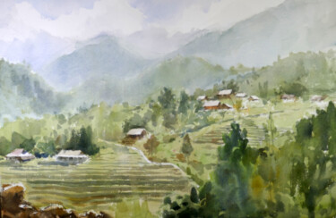 Painting titled "Montagnes de Sapa" by Vincent Monluc, Original Artwork, Watercolor