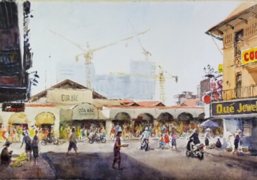 Картина под названием "Ben Thanh Market Sa…" - Vincent Monluc, Подлинное произведение искусства, Акварель