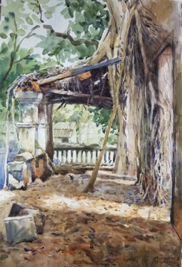 Painting titled "Maison en ruine a P…" by Vincent Monluc, Original Artwork, Watercolor