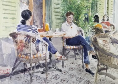 Painting titled "Couple dans le rest…" by Vincent Monluc, Original Artwork, Watercolor