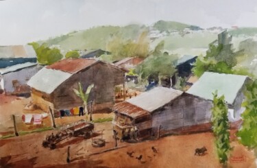 Painting titled "Village des Minorit…" by Vincent Monluc, Original Artwork, Watercolor