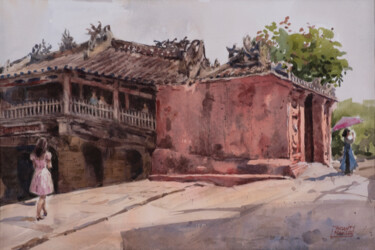Pintura titulada "Chùa cầu Hội An (Ho…" por Vincent Monluc, Obra de arte original, Acuarela Montado en Vidrio