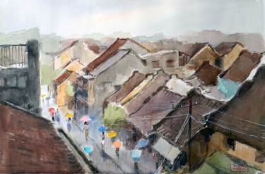 Painting titled "Hoi An sous la plui…" by Vincent Monluc, Original Artwork, Watercolor