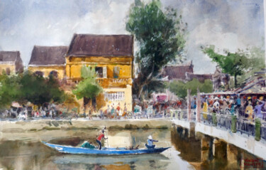 Painting titled "Barque passant sous…" by Vincent Monluc, Original Artwork, Watercolor