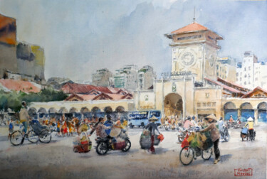 Картина под названием "Ben Thanh Saigon Ma…" - Vincent Monluc, Подлинное произведение искусства, Акварель