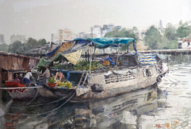 Peinture intitulée "Boat at Tran Xuan S…" par Vincent Monluc, Œuvre d'art originale, Aquarelle