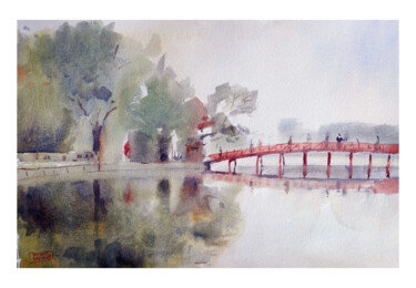 Ζωγραφική με τίτλο "Pont Rouge Lac de H…" από Vincent Monluc, Αυθεντικά έργα τέχνης, Ακουαρέλα