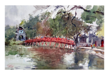 Peinture intitulée "Pont Rouge Lac de H…" par Vincent Monluc, Œuvre d'art originale, Aquarelle
