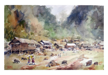 Painting titled "Village dans la reg…" by Vincent Monluc, Original Artwork, Watercolor