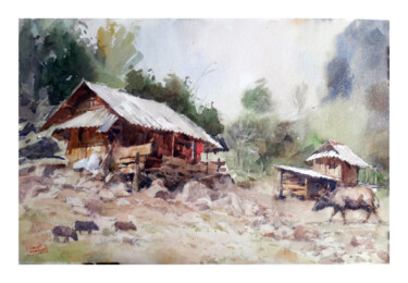 Painting titled "Village dans la reg…" by Vincent Monluc, Original Artwork, Watercolor
