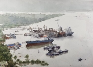 Malerei mit dem Titel "Saigon River #1" von Vincent Monluc, Original-Kunstwerk, Aquarell