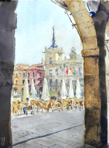 绘画 标题为“Leon - Plaza Mayor” 由Vincent Monluc, 原创艺术品, 水彩