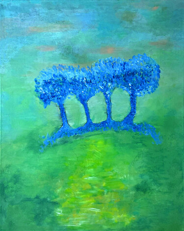 Painting titled "Quatre arbres bleus" by Vincent Sébart, Original Artwork, Acrylic Mounted on Wood Stretcher frame