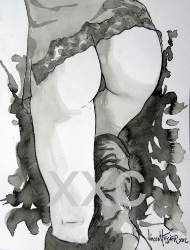 Malerei mit dem Titel "le cul" von Vincent Tessier Xxc, Original-Kunstwerk, Tinte Auf Holzplatte montiert