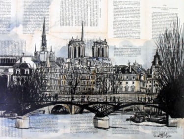 Painting titled "pont des arts" by Vincent Tessier Xxc, Original Artwork, Ink Mounted on Wood Panel